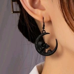 Black gunmetal crescent moon skull earrings NEW